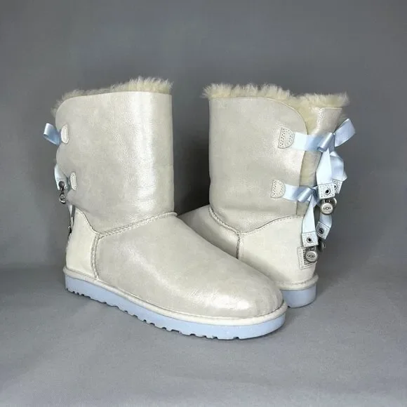 Women's 9 UGG Boots Bailey Bow I DO Crystal Shimmer White Silver Baby Blue RARE - Picture 12 of 16